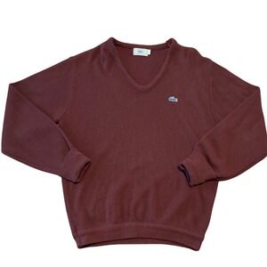 Vintage IZOD Lacoste Burgundy V-Neck Long Sleeve Sweater Size L Crocodile Logo